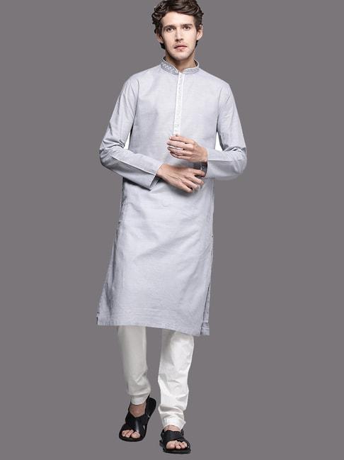Manyavar Light Grey & White Regular Fit Kurta & Pyjamas Set