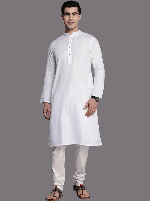 Manyavar White & Light Cream Regular Fit Self Design Kurta & Pyjamas Set