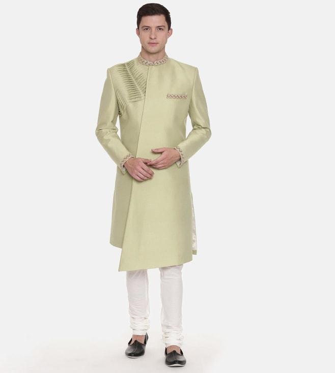 Mayank Modi Pista Green Silk Pleated Sherwani