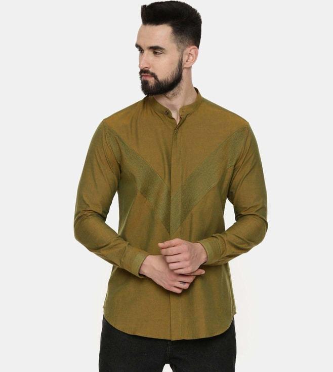 Mayank Modi Mustard Green Pintuck Cotton Shirt