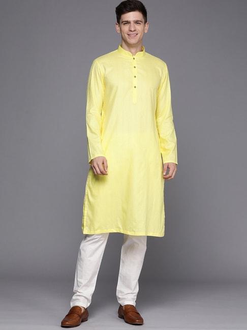 Manyavar Lime & White Regular Fit Self Design Kurta & Pyjama Set