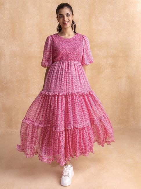 Femella Pink Floral Print Smocked Gown