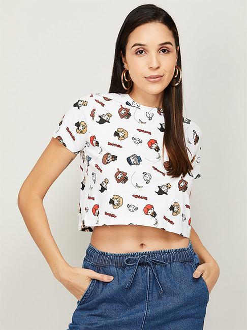 Ginger by Lifestyle White Cotton Printed Crop Top