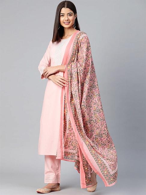 Vaamsi Pink Cotton Zari Work Kurta Pant Set With Dupatta