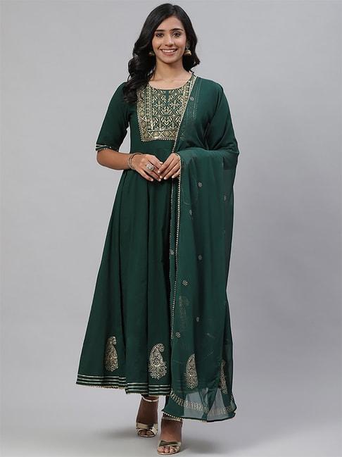 Vaamsi Green Cotton Embroidered Kurta Pant Set With Dupatta