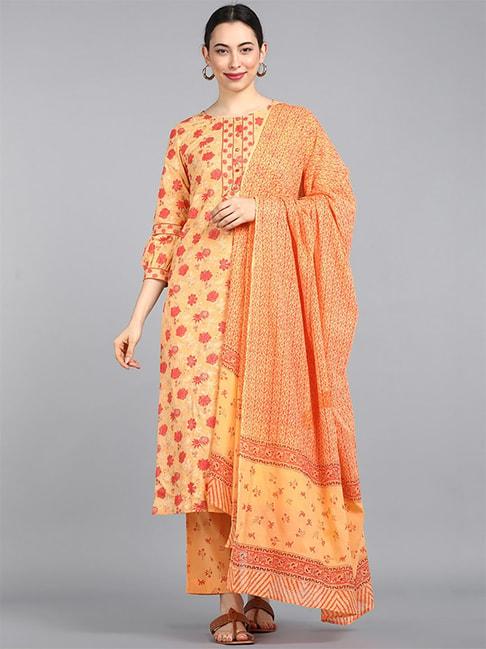 Vaamsi Orange Cotton Floral Print Kurta Pant Set With Dupatta