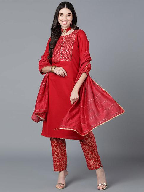 Vaamsi Red Cotton Embellished Kurta Pant Set With Dupatta