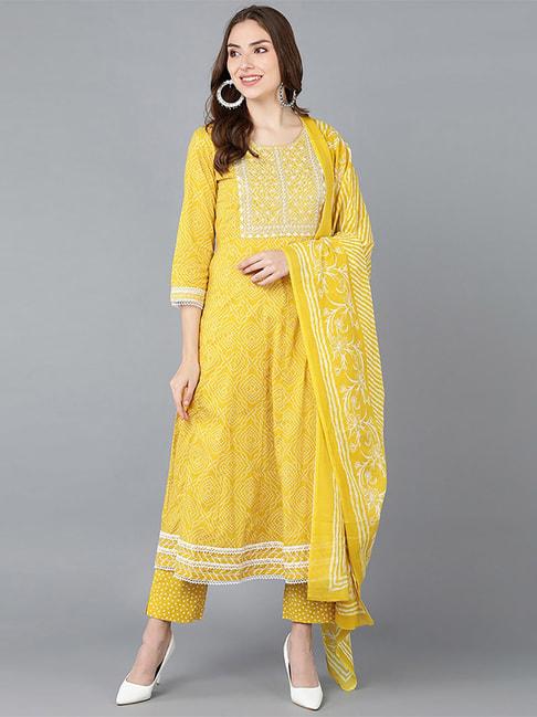 Vaamsi Yellow Cotton Embroidered Kurta Pant Set With Dupatta