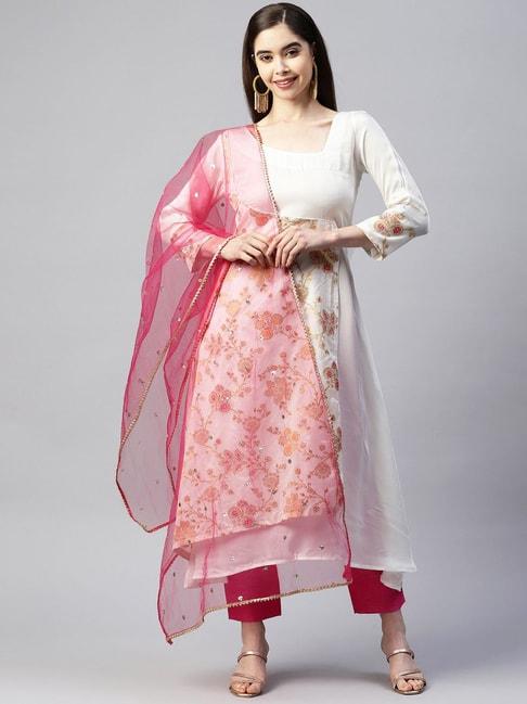 SHADES White & Pink Embroidered Kurta Pant Set With Dupatta