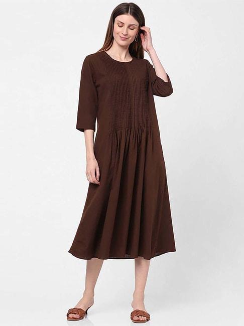 INDIFUSION Brown Cotton Self Pattern A-Line Dress
