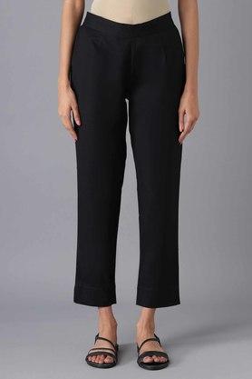 Solid Cotton Blend Women's Casual Trousers - Black