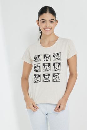 Printed Cotton Round Neck Womens T-Shirt - Oatmeal