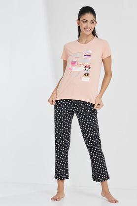 Printed Cotton Round Neck Women's Top And Pyjama Set - Coral