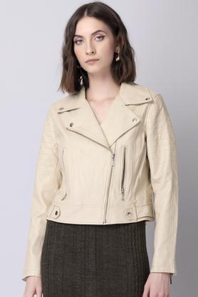 Solid Faux Leather Regular Fit Womens Jacket - White