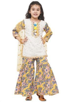 Embellished Cotton Regular Fit Girls Salwar Kurta Dupatta Set - Multi