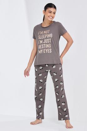 Printed Cotton Round Neck Women's Top And Pyjama Set - Grey