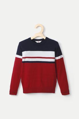 Color Block Cotton Round Neck Boys Pullover - Red