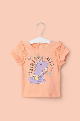 Printed Cotton Round Neck Infant Girl's T-Shirt - Peach