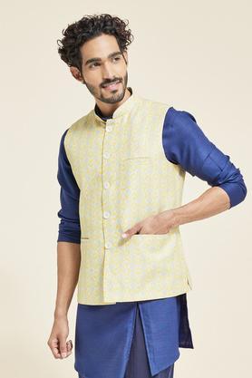 Printed Poly Silk  Festive Wear Nehru Jacket - Yellow