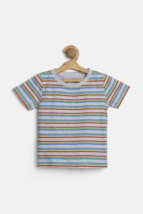 Striped Cotton Crew Neck Infant Boys T-Shirt - Ecru