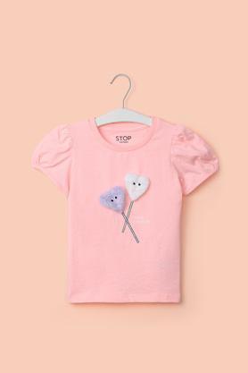 Solid Cotton Blend Round Neck Girl's Top - Peach