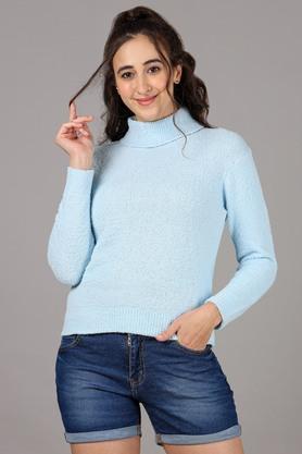 Solid Regular Neck Polyester Womens Pullover - Powder Blue