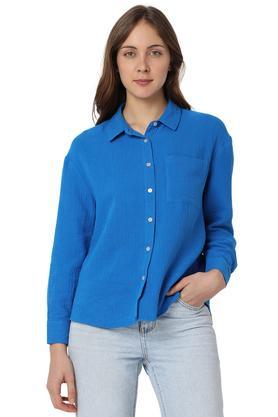Solid Cotton Collar Neck Women's Casual Shirt - Blue