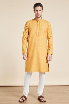 Solid Polyester Cotton Mens Festive Wear Kurta - Mustard