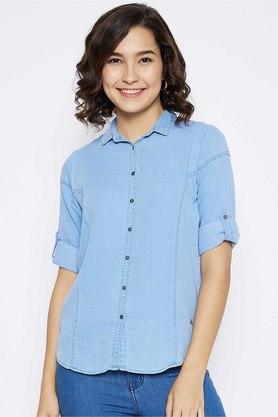 Solid Cotton Collared Women's Shirt - Blue