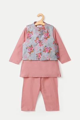 Printed PST Mandarin Infants Boys Kurta Pyjama Jacket Set - Pink