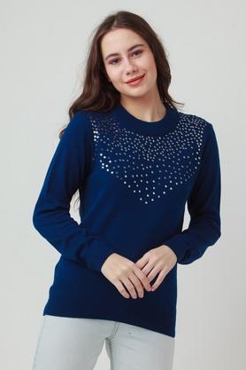 Solid Acrylic Round Neck Womens Sweater - Blue
