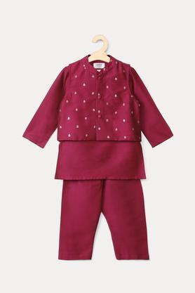 Embroidered PST Mandarin Infants Boys Kurta Pyjama Jacket Set - Deep Pink