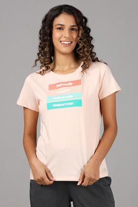Printed Cotton Round Neck Womens T-Shirt - Peach