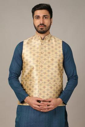 Printed Poly Silk Slim Fit Men's Festive Wear Jacket - Natural