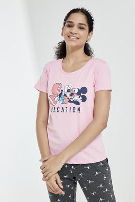 Printed Cotton Round Neck Womens T-Shirt - Pink