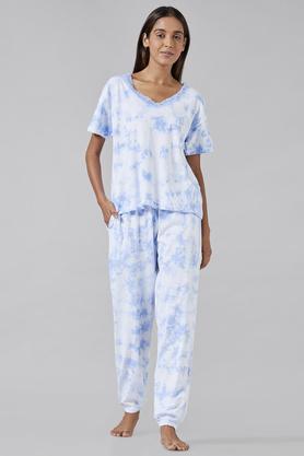 Printed Cotton Regular Neck Women's Top And Pyjama Set - Powder Blue