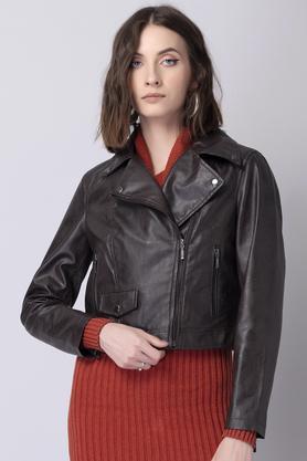 Textured Faux Leather Collar Neck Women's Biker Jacket - Brown