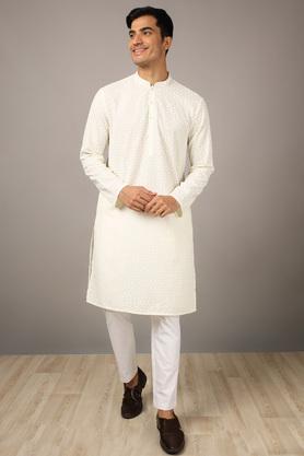 Printed Polyester Cotton Slim Fit Men's Festive Wear Kurta - White