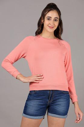 Solid Regular Neck Cotton Blend Women's Sweatshirt - Coral