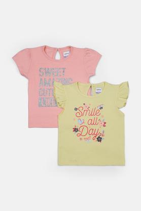 Printed Cotton Crew Neck Infant Girls T-Shirt - Multi
