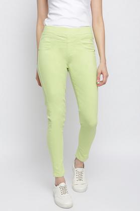 Solid Cotton Lycra Skinny Fit Women's Jeggings - Green