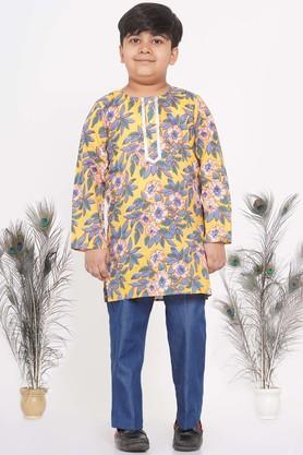 Printed Cotton Regular Fit Boys Kurta Pyjama Set - Yellow