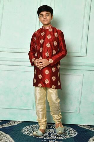 Red Floral Pattern Kurta And Churidar For Boys