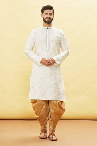Beige Silk Floral Pattern Full Sleeve Kurta And Dhoti Pant Set