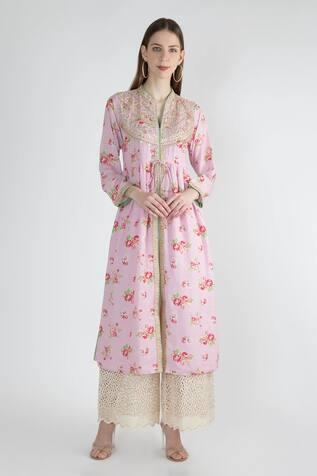 Pink Cotton Silk Rose Print Jacket Style Tunic