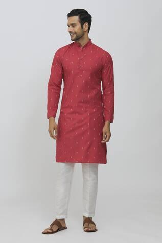 Red Semi Cotton Linen Geometric Print Mandarin Collar Kurta
