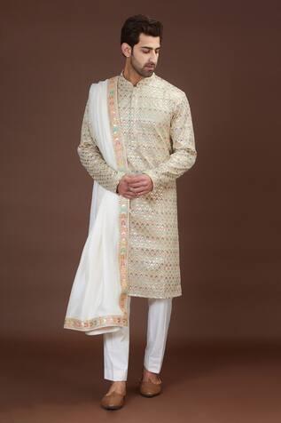Beige Georgette Sequin And Floral Thread Embroidered Kurta