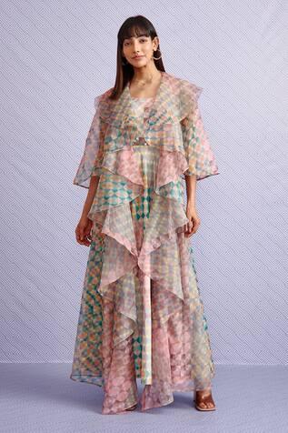 Multi Color Organza Karen Dress With Ruffle Cape