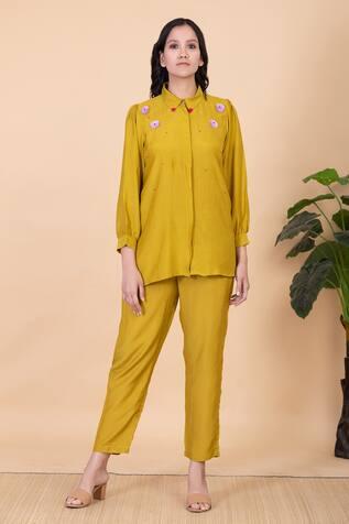 Yellow All Weather Pure Silk Yasemin Embroidered Shirt And Pant Set