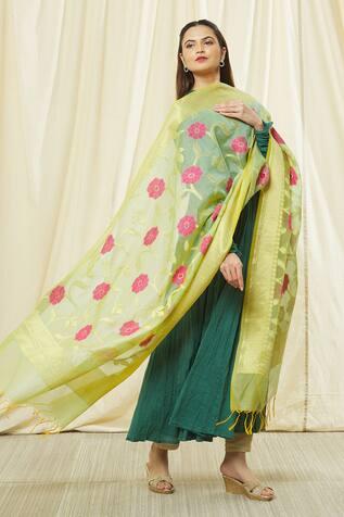 Green Cotton Silk Fringe Hem Floral Pattern Dupatta